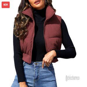 Cropped Puffer Vest Sleeveless Jacket Lightweight Quilted Winter Outerwear